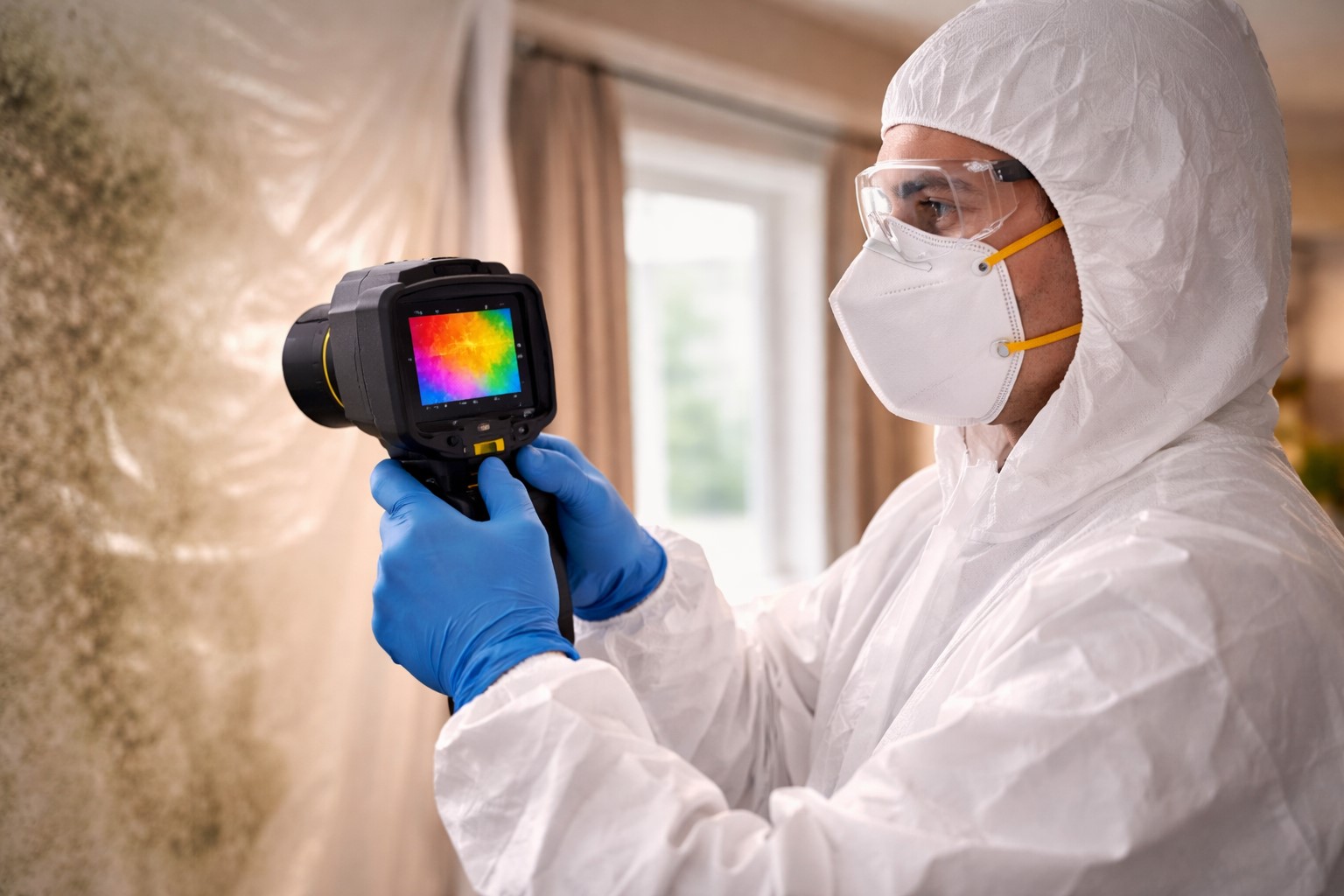 mold remediation professional using thermal imaging camera to inspect wall
